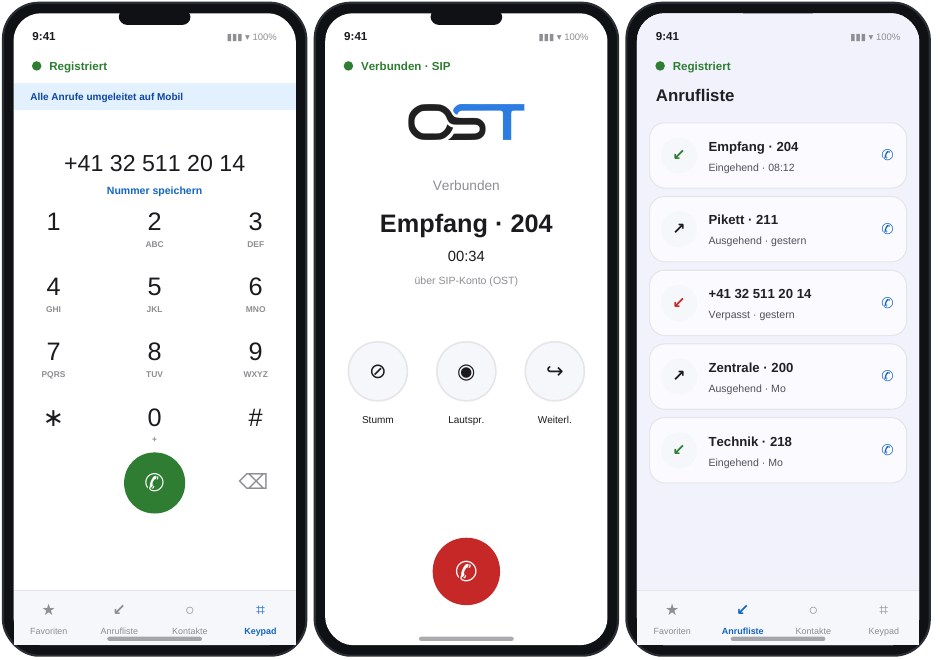Konzeptansichten der OST-App: Tastenfeld, laufender Anruf und Anrufliste